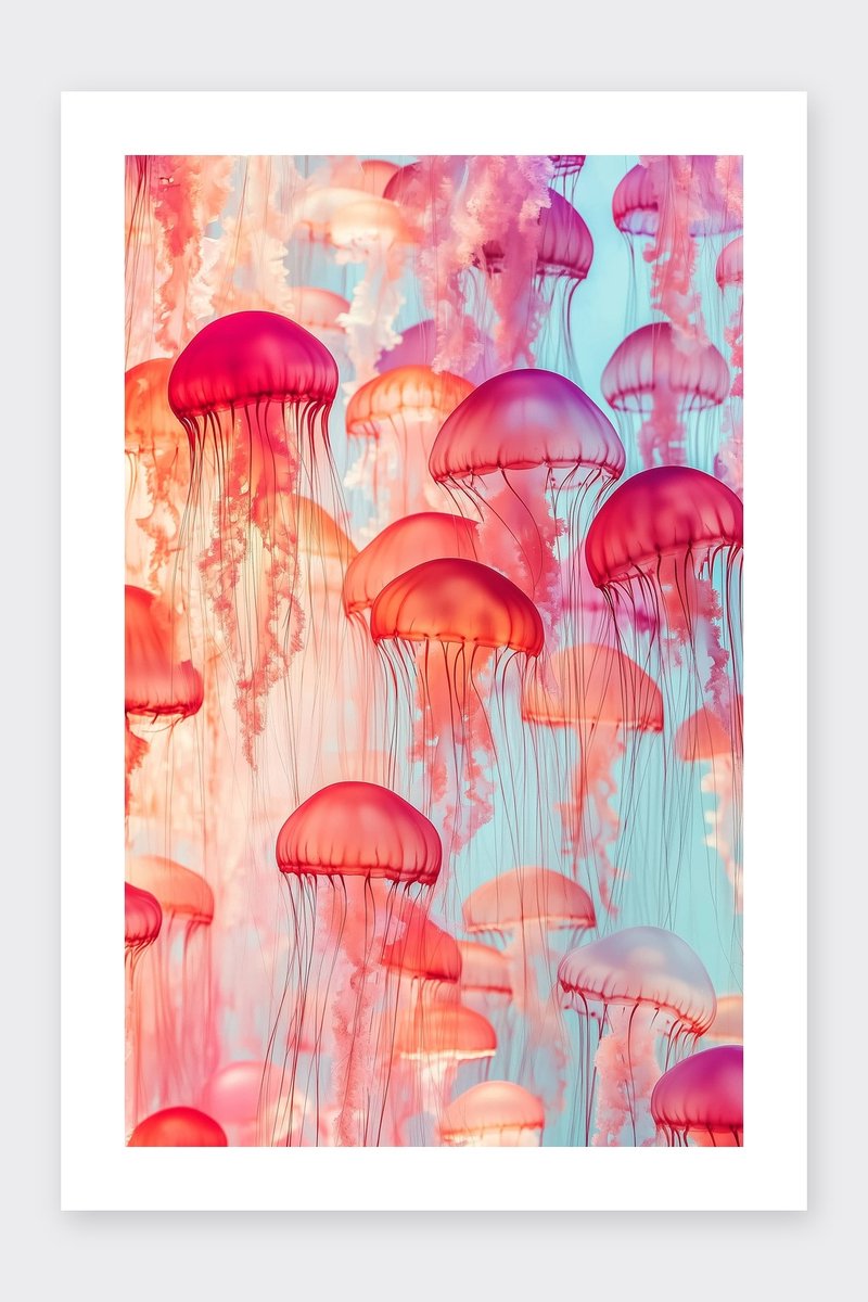 Kwallen Poster - Dieren - Zeeleven - Kunst - Mystiek - Oceaan - Zee - posters - formaat 30x40cm - Wanddecoratie - BXS4967AZ - Met kader - passe-partouts stijl