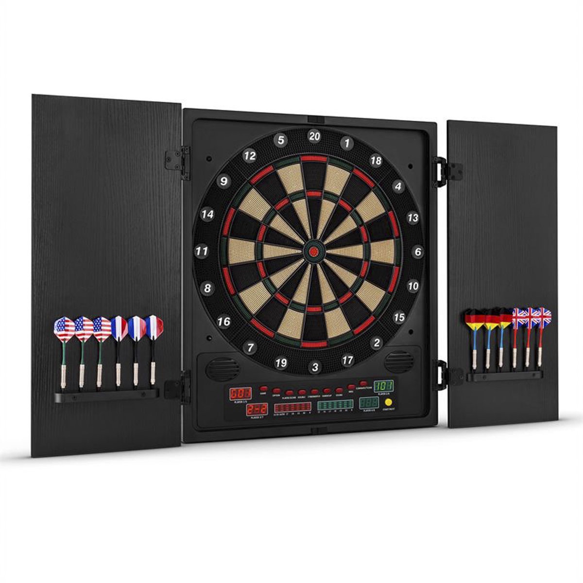 oneConcept - Dartmaster 180 Dartautomaat, Elektronisch dartbord, E-Darts, Dartbord voor tot 8 spelers, virtuele tegenstander, LED-displays, 12 pijltjes, zwart met patroon