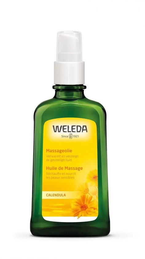 Weleda Massageolie in groene fles met gele sticker. Tekst: "Massageolie Verwarmt en verzorgt de gevoelige huid CALENDULA".