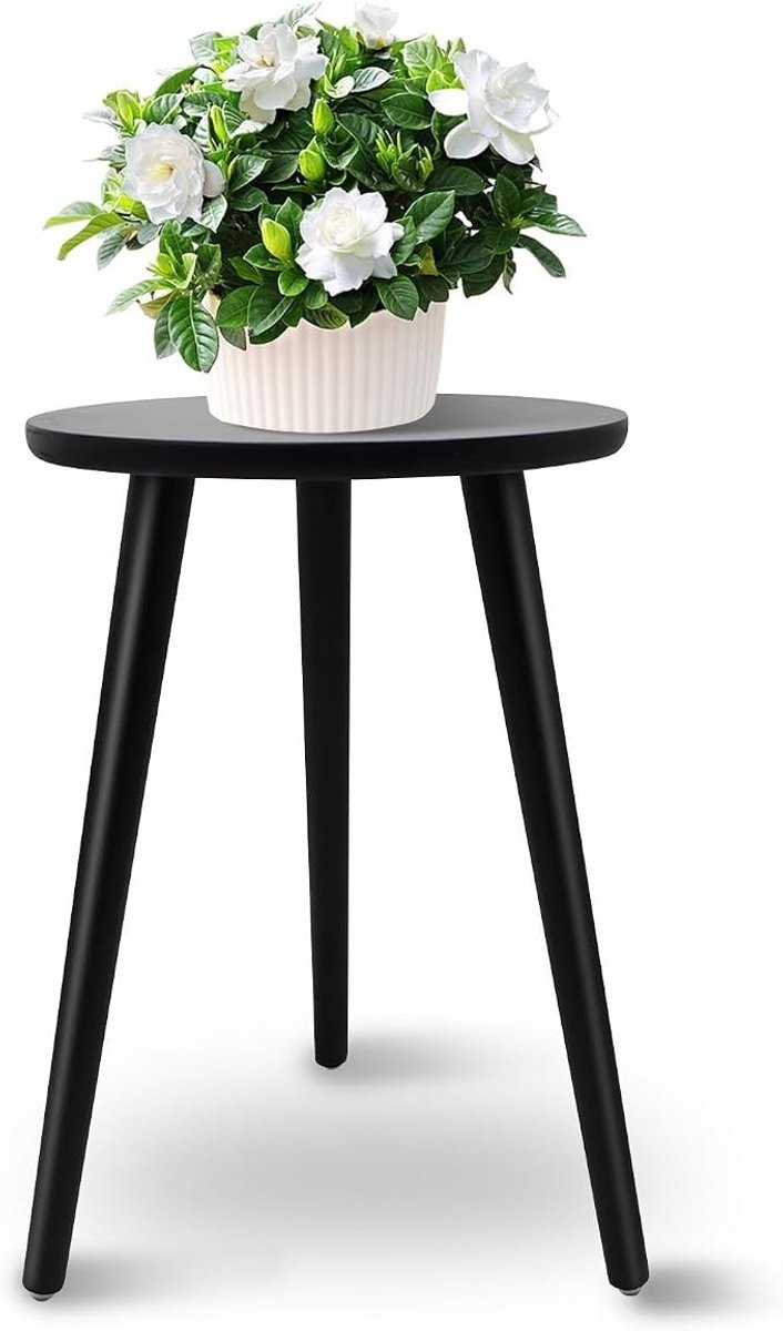 PolkaHome Plantenstandaard voor binnen, houten plantenhouder, rond, zwart