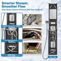 Diagram van douchepaneel met tekst: 'Smarter Shower, Smoother Flow', 'Brass Shower Diverter & Premium PVC Pipes Combined', 'Upgraded Waterproof Outlet Panel, No Leakage', 'Well-Organized & Secure Pipe Layout', 'Flexible Hoses of Ideal Length'.