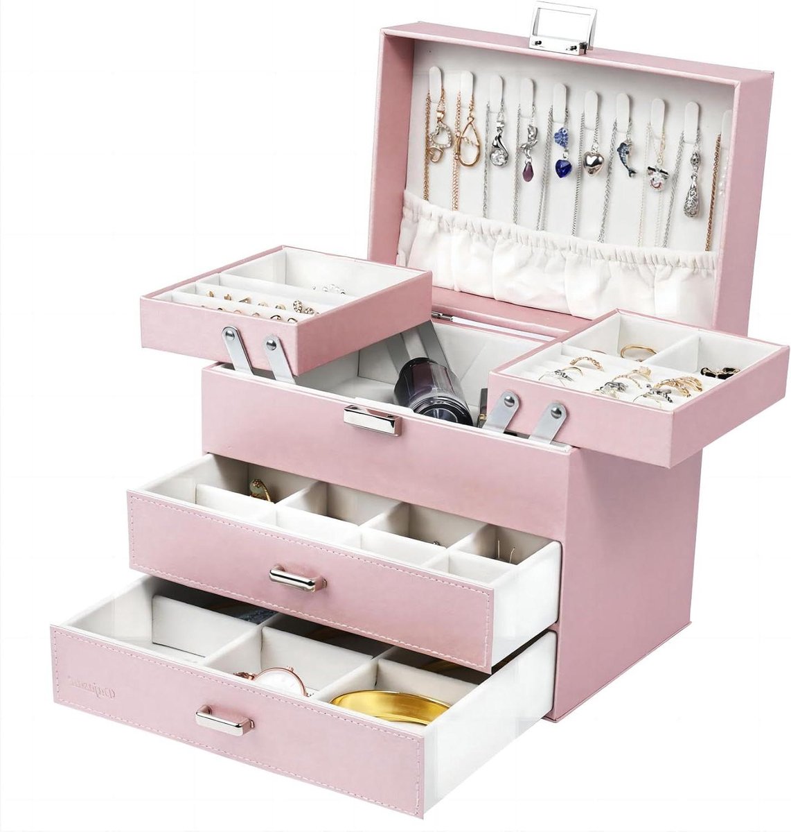 Sieradendoos - Juwelendoosje Opbergdoos - Sieraden Opbergen - Vier Lagen Met Lades - 23 x 16 x 19 cm - Roze