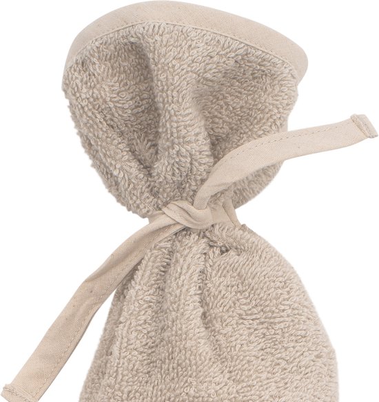 Badstof kruikenzak in taupe met een strik van textielband