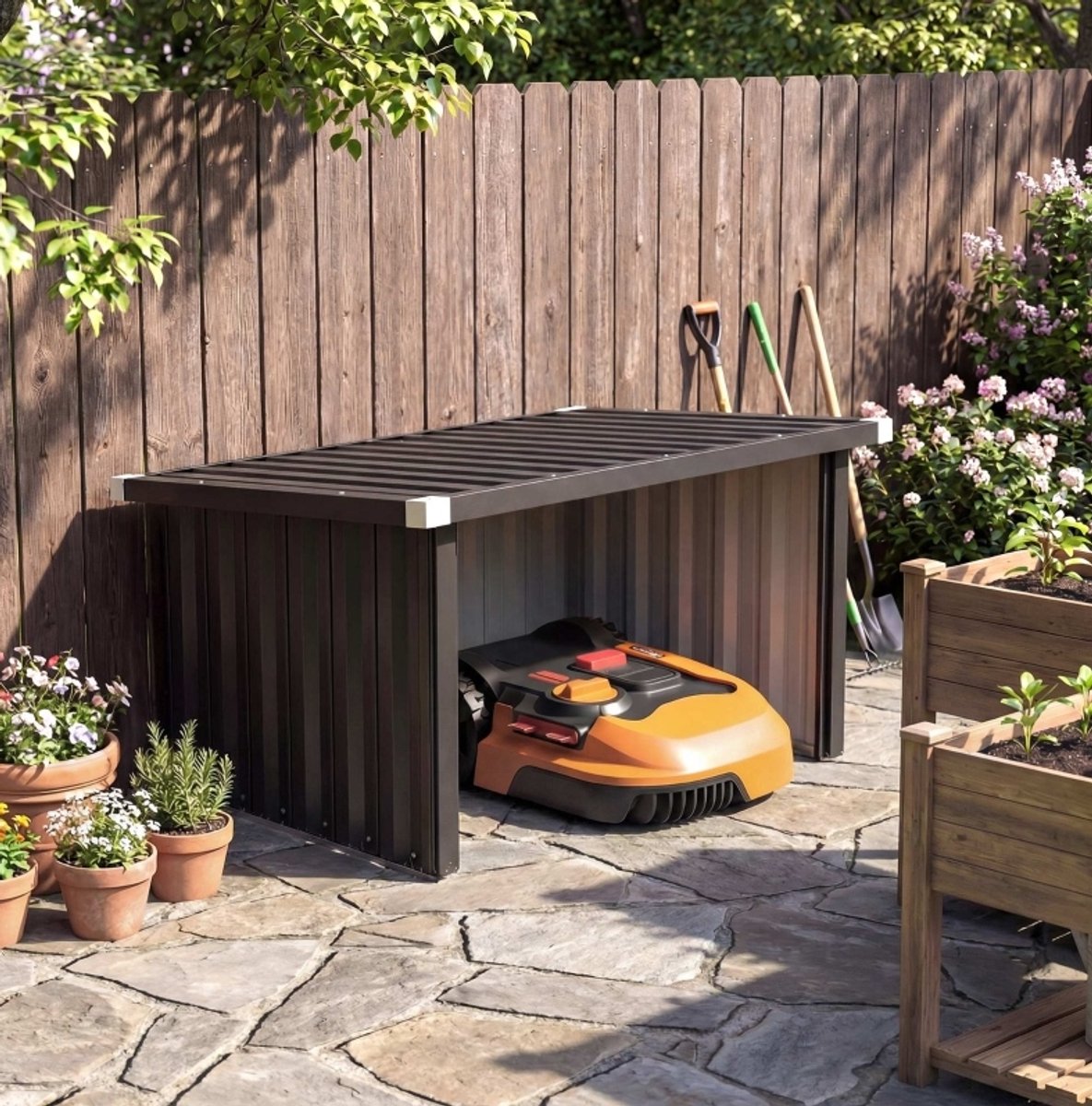 REDOM - Robotmaaiergarage - Feuerverzinkt staal - Schuin dak - Weerbestendig - Vrijstaand - Tuin - Donkergrijs - 108 x 86 x 62,5 cm