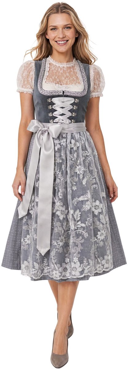 dressforfun Midi Dirndl Milana - 42 - Grijs - Verkleedkleding Oktoberfest - Duitse Jurk - Feestkleding - Klederdracht - Vrouwenkostuum - Feest - Partykleding