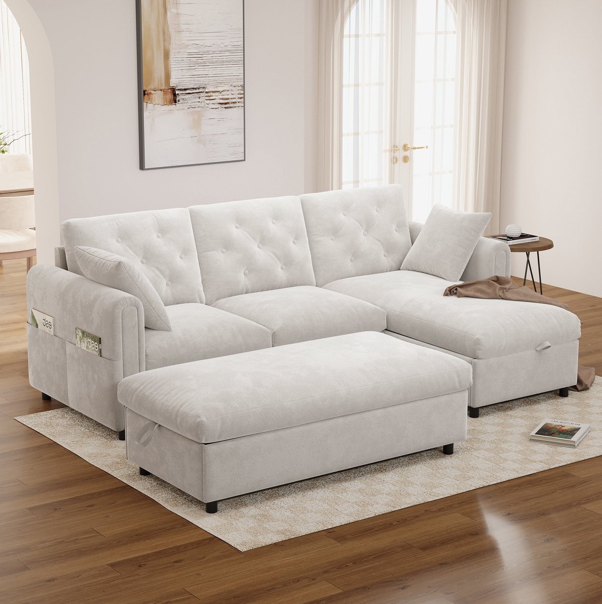 REDOM - Hoekbank met opbergruimte - Verwisselbare chaise longue - Met hocker en magzinetassen - Gecapitonneerde rugleuning - Design - Woonkamer - Velvet - Beige - 219 x 131 x 86 cm