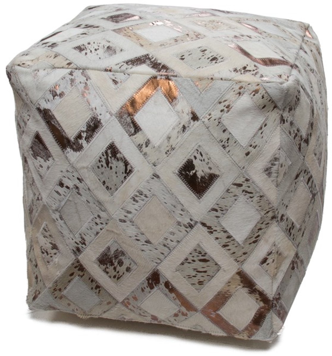 Padiro vierkante poef 45 x 45 x 45 cm - ivoor en chroomkleurig - leer - handgemaakt met ruitpatroon