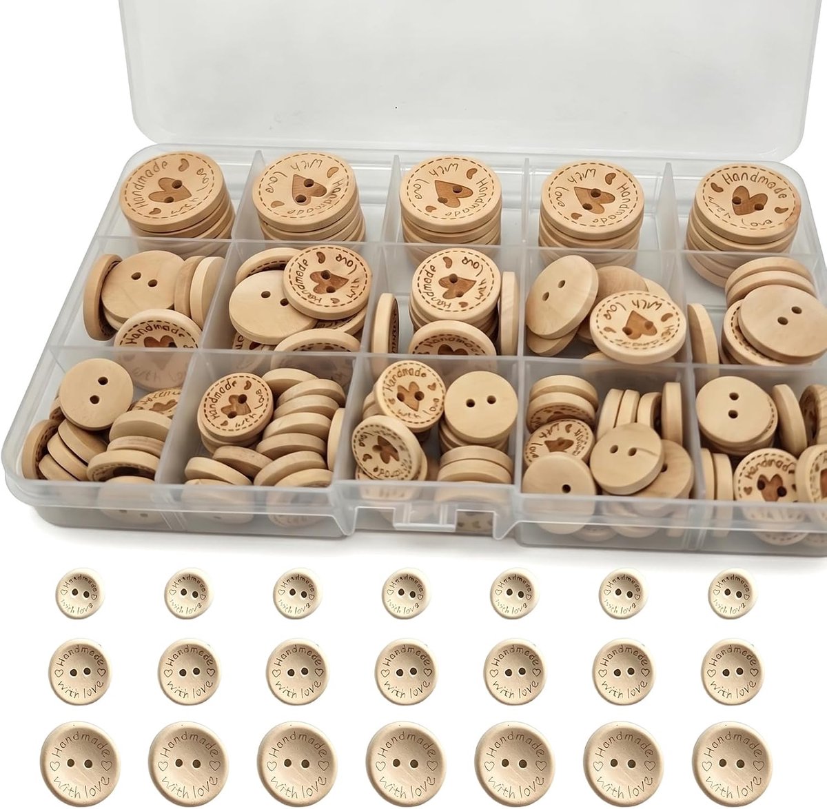 Knopen, set van 150 stuks, 2 gaten, 15 mm, 20 mm, 25 mm, natuurlijk hout, kinderknopen, handgemaakt, ronde knopen voor gebreide jas, kinderen, babyspullen, knutselen, naaien, doe-het-zelf