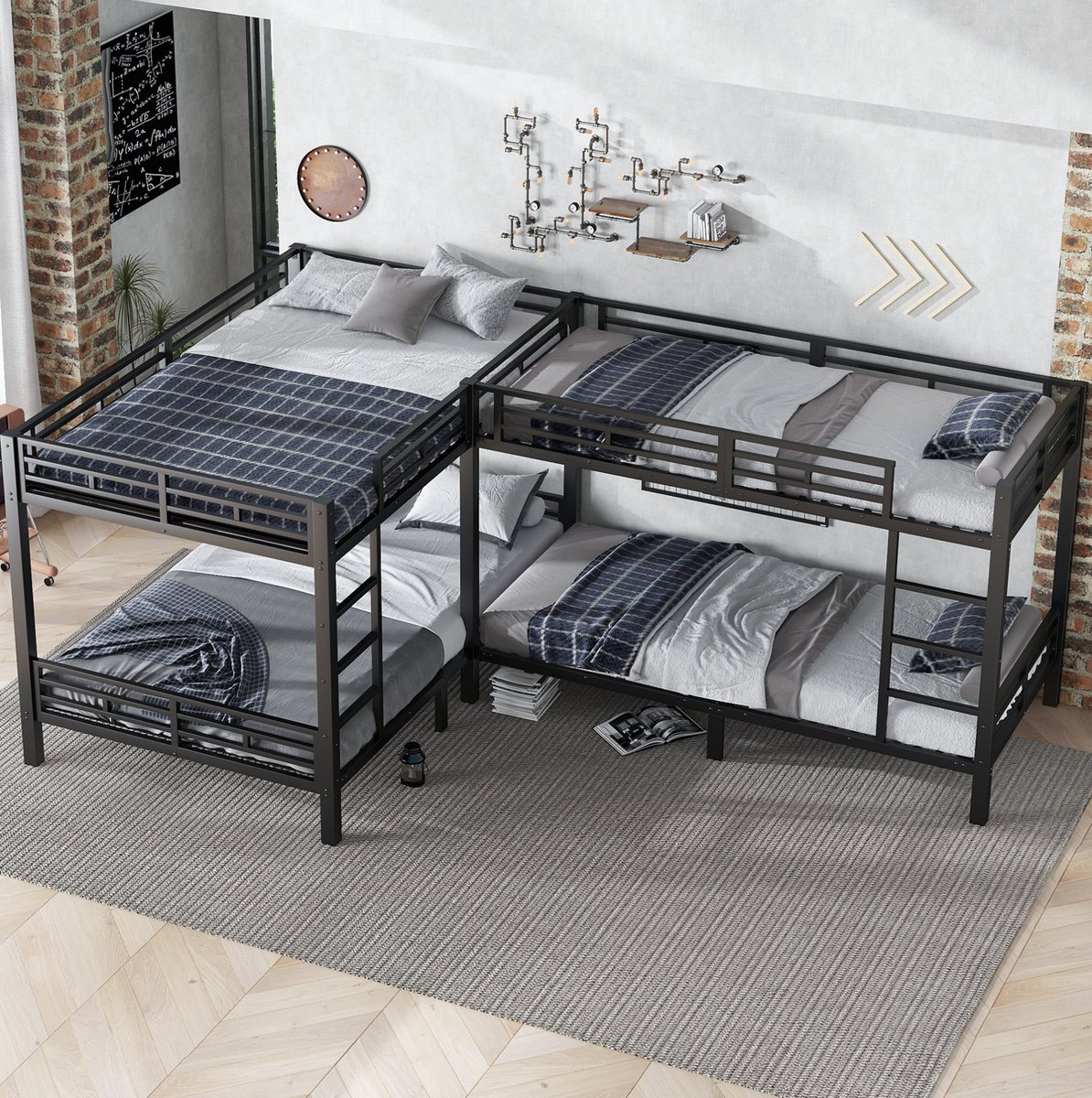 WUVRIE Metalen stapelbed 349 x 206 cm met 3-traps ladder en lattenbodem, zwart, voor matrassen 90x200/140x200