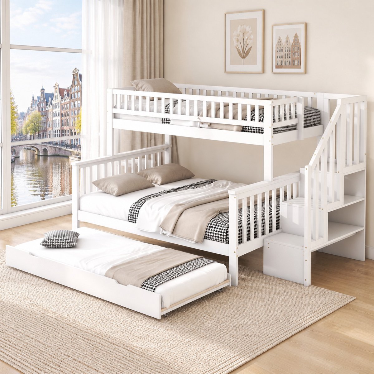 WUVRIE Stapelbed 90x200 en 140x200 cm met uitschuifbed, trap met opbergruimte en lattenbodems, wit