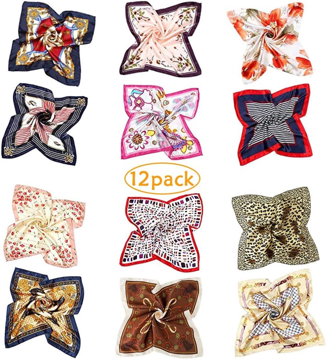 12 zijden doeken, satijnen bandana, halsdoek, haardoek, vierkante doek, zijden halsdoek, hoofddoek voor dames, 50 x 50 cm