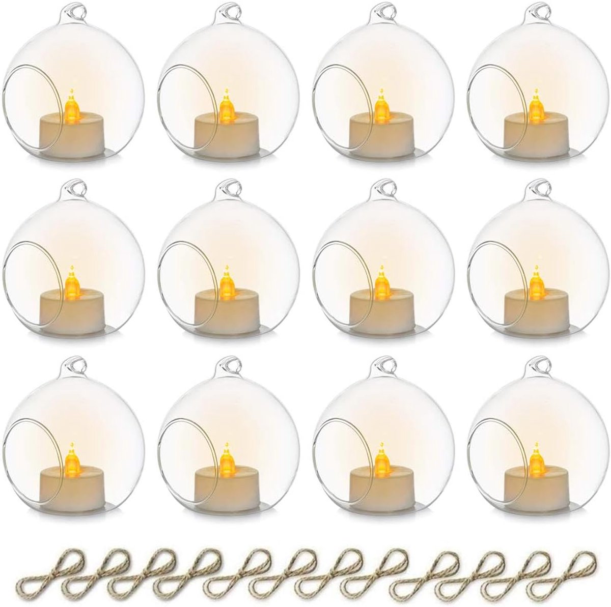 8 cm Hangende glazen theelichtkaarsenhouder met LED-kaars, 12 stuks hangende theelicht glazen bol terrarium kaarsenhouder ornament voor bruiloft, kerstmis, verjaardag, Halloween feest