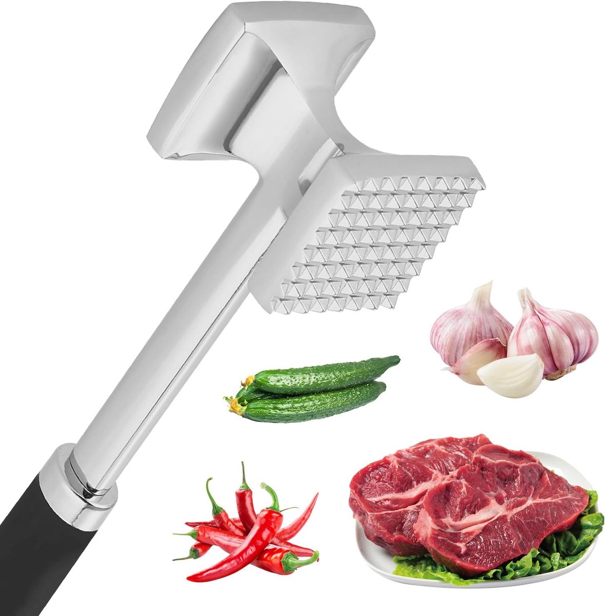 Vleeshamer, dubbelzijdige vleeshamer van roestvrij staal, 27 cm, schnitzelhamer voor keuken, met plat en gekarteld slagoppervlak, voor steaks, rundvlees, varken, kip, knoflook, noten
