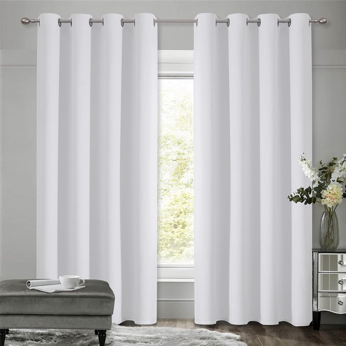 Verduisteringsgordijnen met ringen, gordijn, ondoorzichtig, thermogordijn, koudebescherming, gordijnen, slaapkamer, set van 2, H 175 x B 140 cm, grijs-wit, gordijnen woonkamer