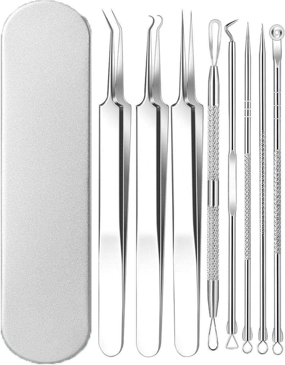 SnelShoppen - Blackhead Remover Set - 8-delige RVS Acne Verwijdering Kit - Professionele Comedon Extractor voor Zwartheden, Puisten en Acne, Gezichts-
