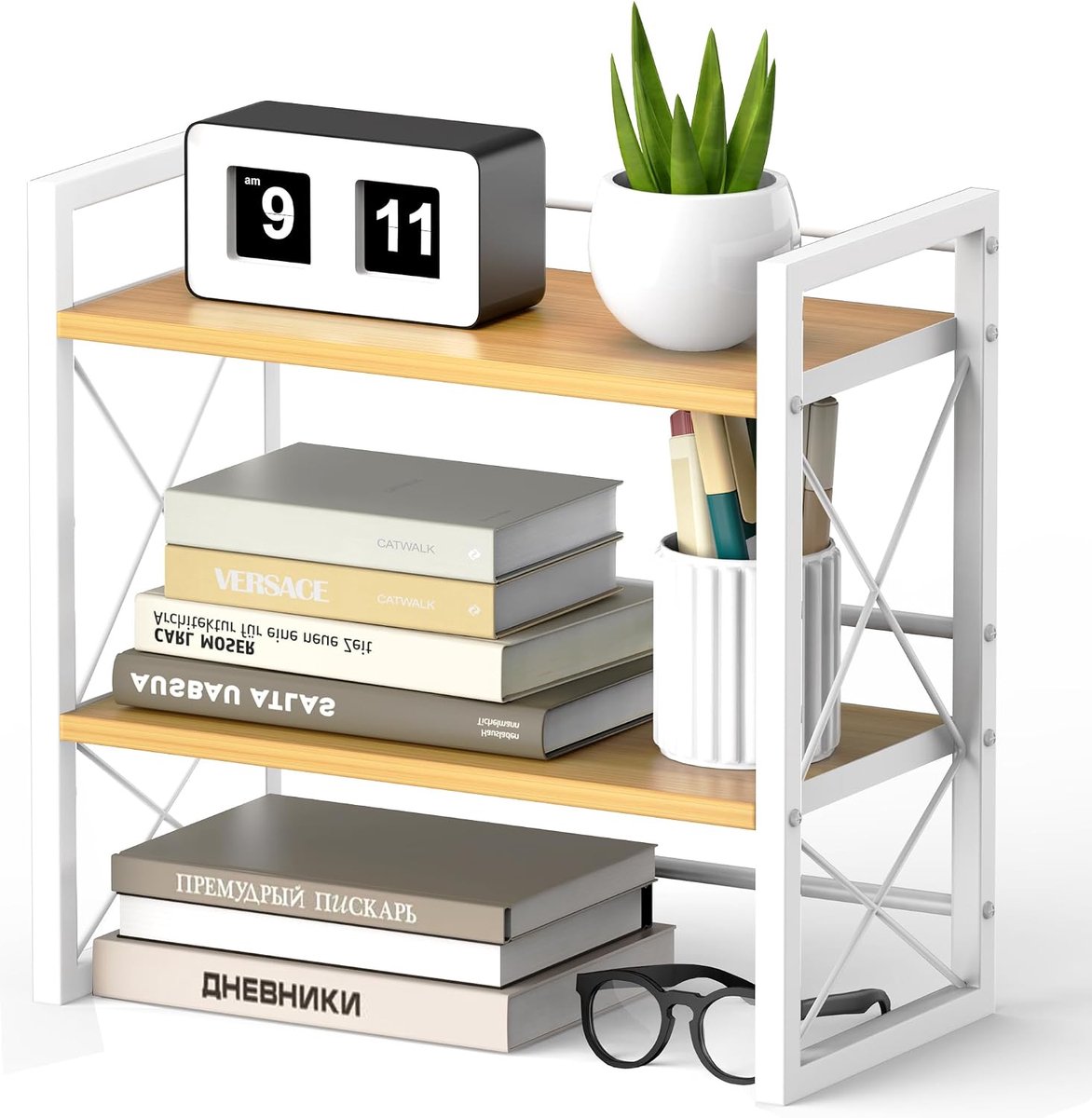 SnelShoppen - Desk Shelf met 2 Planken, Houten en Metalen Boekenkast, Desk Organizer voor Woonkamer, Slaapkamer, Keuken en Kantoor (Wit)