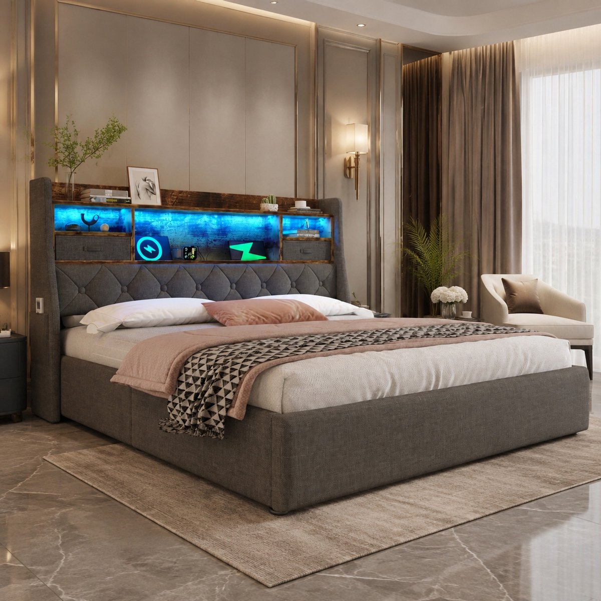 WUVRIE Bedframe 140x200 cm met hydraulische opbergruimte, LED-hoofdbord en USB/Type-C, grijs