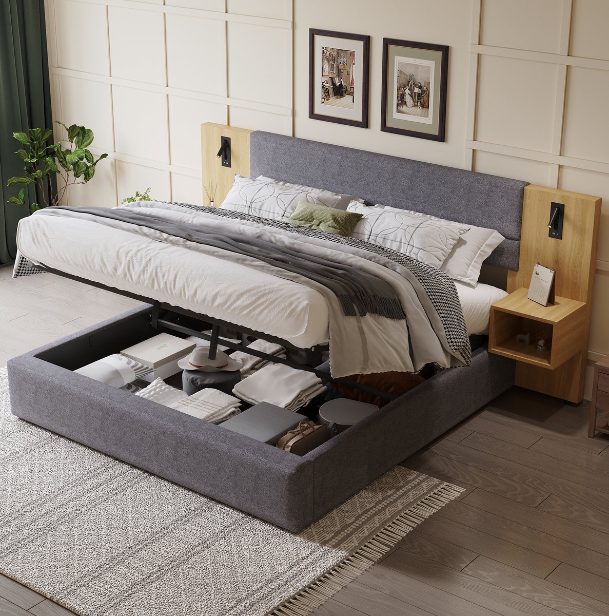 WUVRIE Gestoffeerd opbergbed 160x200 cm met USB, verlichting en 2 nachtkastjes, grijs/naturel
