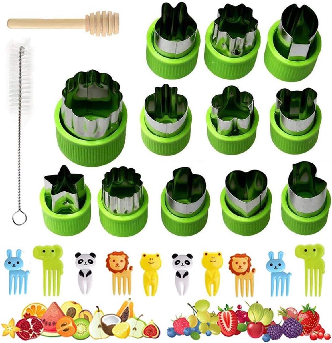 SnelShoppen - 12-delige Groent cutters voor Kinderen, RVS Fruitvormpjes, Sandwich- en Koekjesvormen, Inclusief 10 Dierlijke Fruitvormpjes, Borstel en
