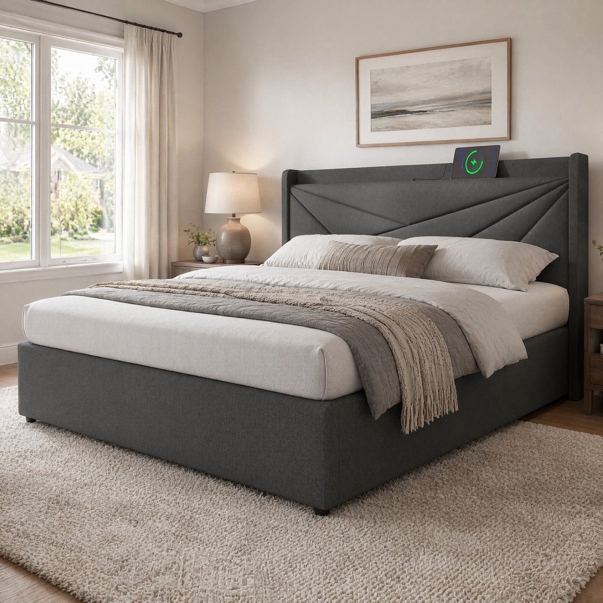 WUVRIE Gestoffeerd tweepersoonsbed 140x200 cm met opbergruimte, USB en Type-C, grijs