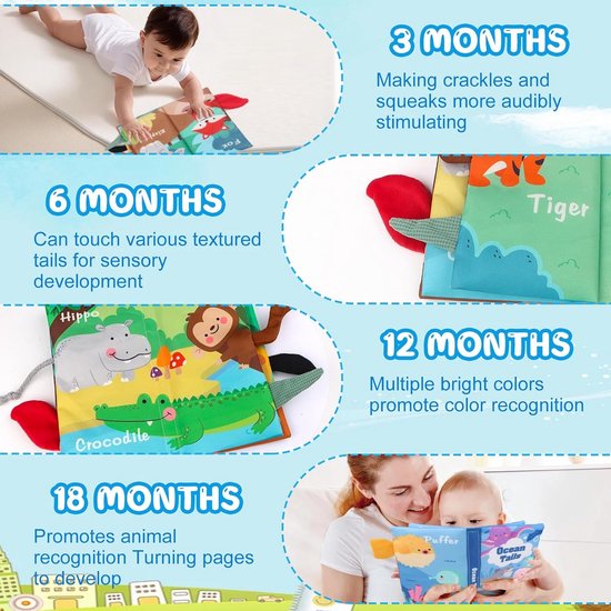 2-delig stoffen babyboekje (kreukelboekje, dierenstaartjes-aanraakboekje, sensorisch boekje, educatief speelgoed voor 0-6 maanden) 2-delig sterrenvormig bijtspeeltje voor baby's, geschikt voor jongens en meisjes — afbeelding 2