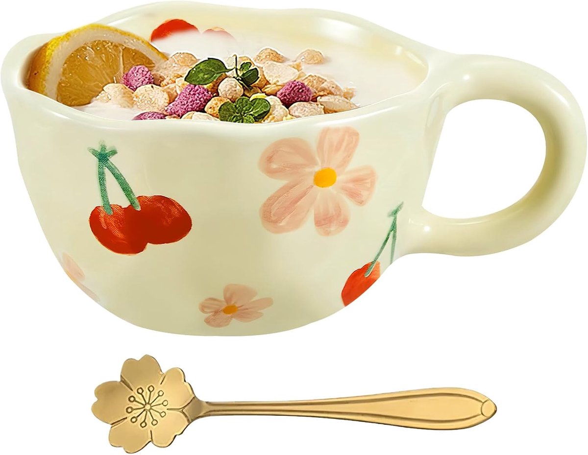 250 ml keramische theekopje, bloemenmok met lepel, koffiekopje, set met esthetische bloemen, schattige koffiemok, keramiek, handgemaakte beker voor melk, cacao, voor vrouwen, meisjes, moeder