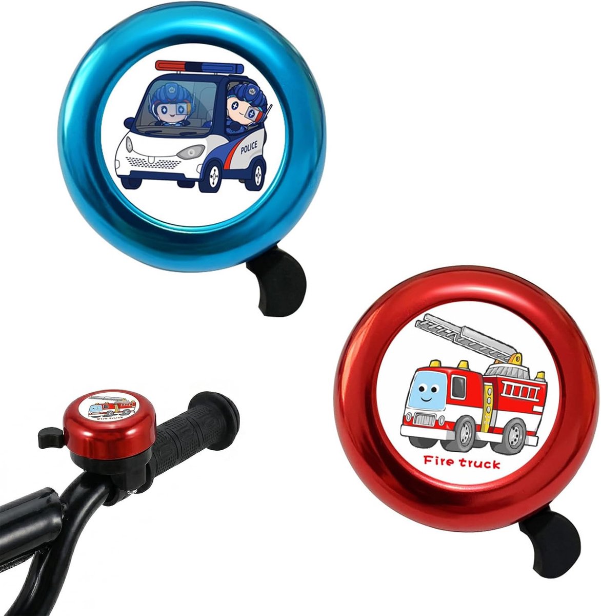 Bellen voor kinderen, design brandweerman en politie, perfecte fietsbel, bel en eenvoudig te monteren, compatibel met fiets en Draisienne