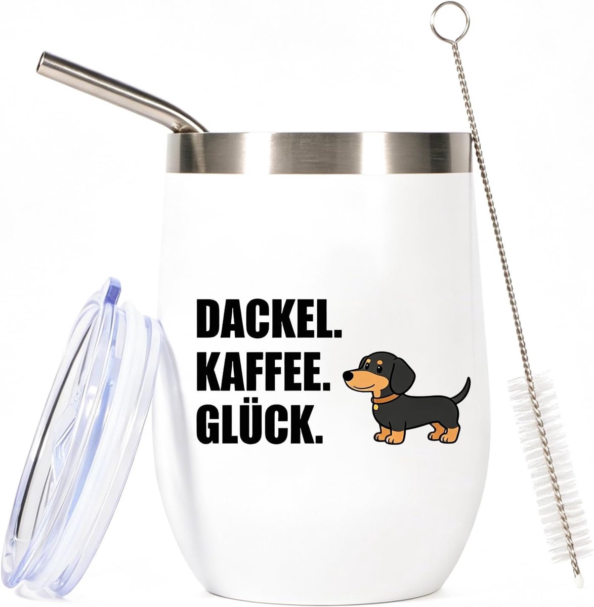 Mok geluksgeschenk - drinkglas wit roestvrij staal met deksel, rietje en borstel 350 ml - teckel koffie geluksmok - gepersonaliseerde koffiekopjes camping mok