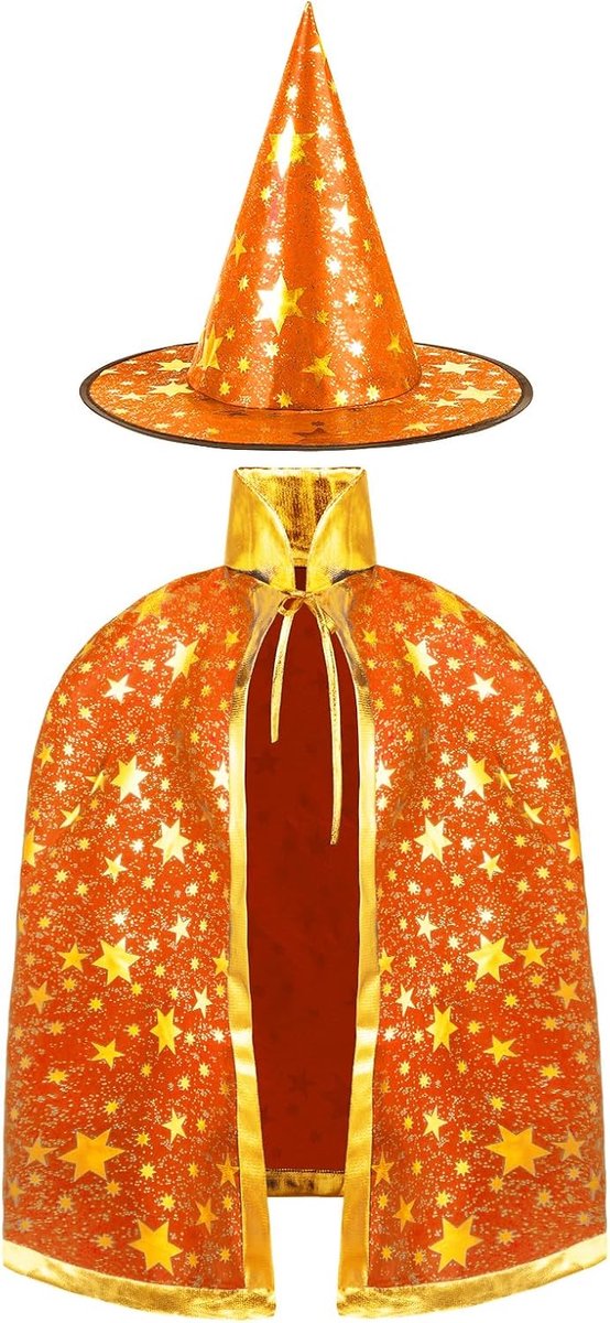 Heksenmantel kinderen, heksenkostuum, mantel en hoeden voor kinderen, Halloween-kostuum rekwisieten, kostuum met gouden sterrenpatroon voor kinderen, meisjes, Halloween, feest