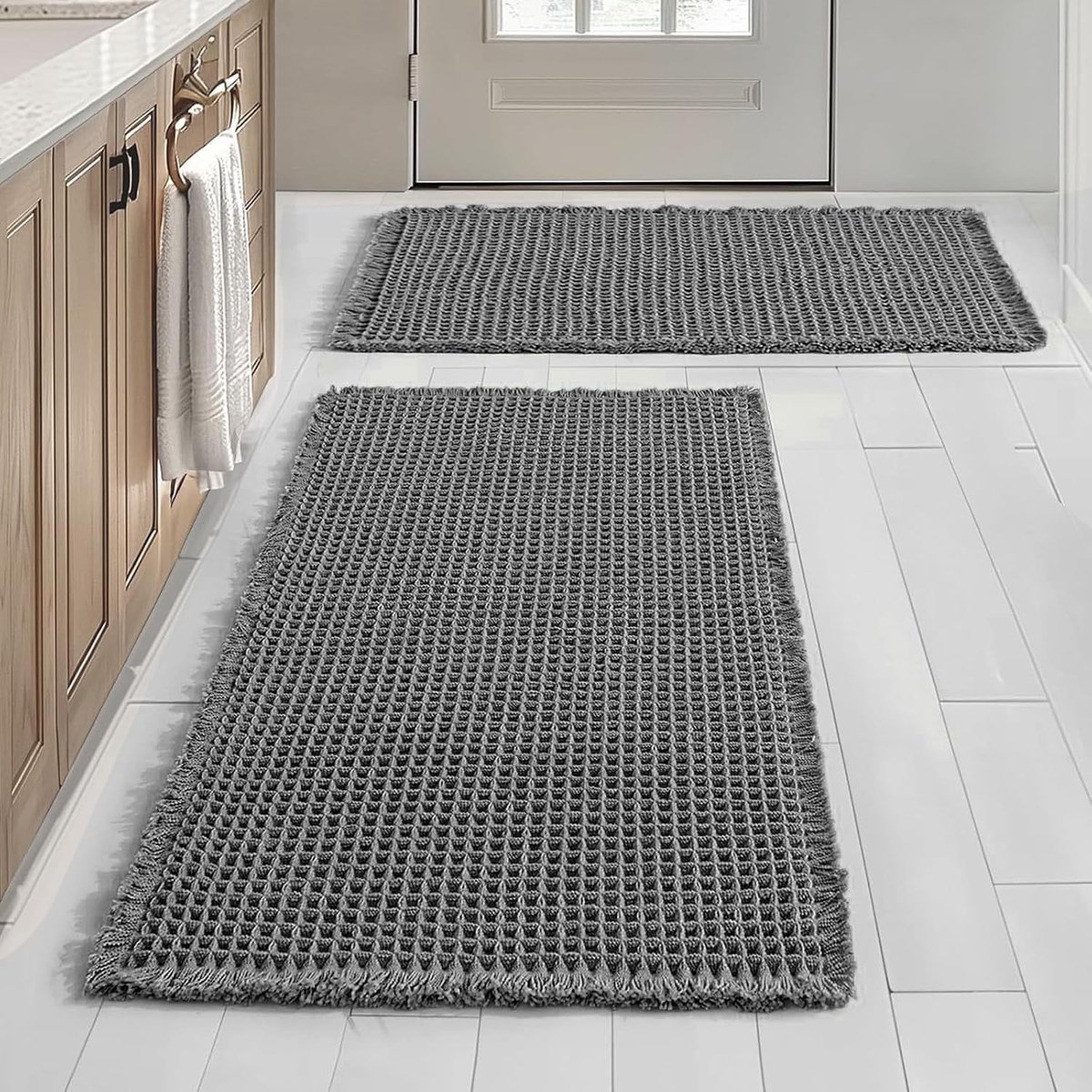 Set van 2 Antislip Badmatten, Wasbare Bohemian Badkamer Tapijten, Comfortabele en Duurzame Badmatten voor Badkamer en Badkuip (Donkergrijs)