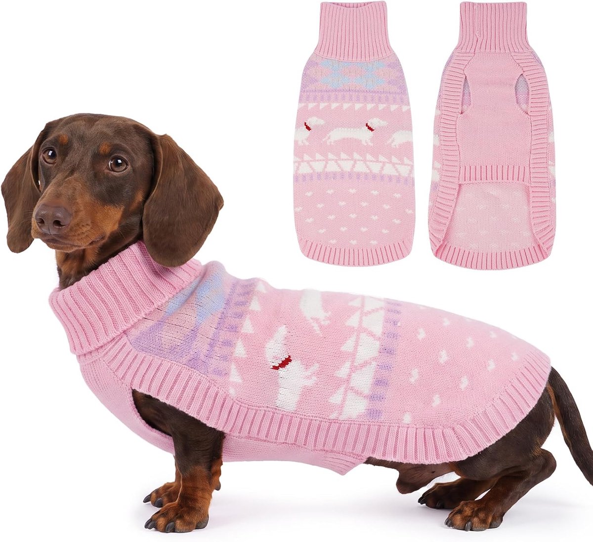 Trui M, schattige hondentrui met teckelpatroon, zachte fleece hondenjas, coltrui voor kleine honden, knus herfst/wintercadeau, lichtroze