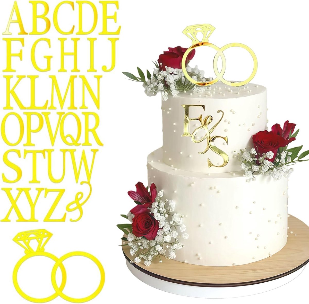 Taartfiguur diamanten ring taartfiguur met 26 letters Gepersonaliseerd bruidspaar initiaal bord voor bruiloft jubileum verloving voorstel feestje taart decoratie