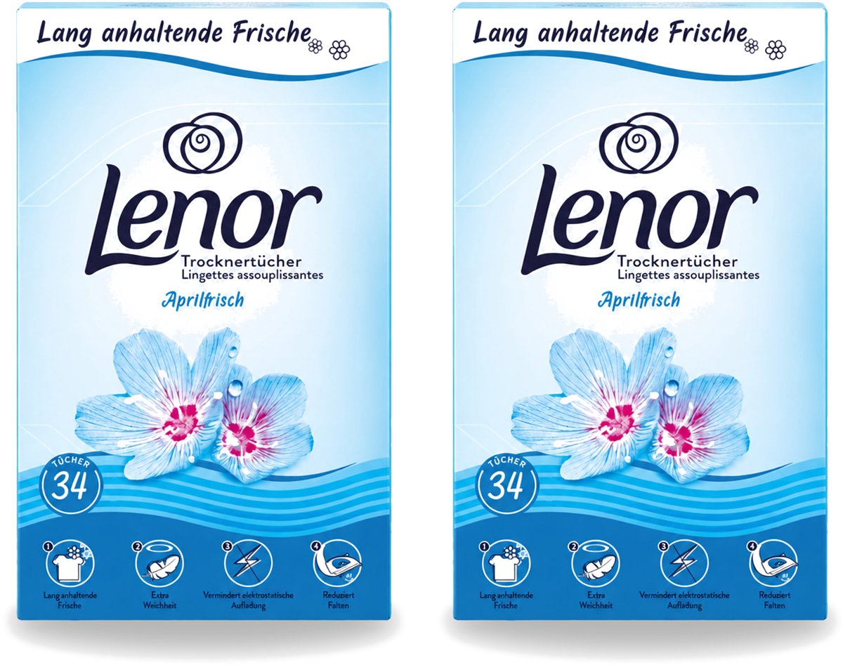 2 x Lenor - Droogtrommeldoekjes - Aprilfris - Textielverfrisser - 34 Doekjes - Voordeelverpakking - 2 stuks