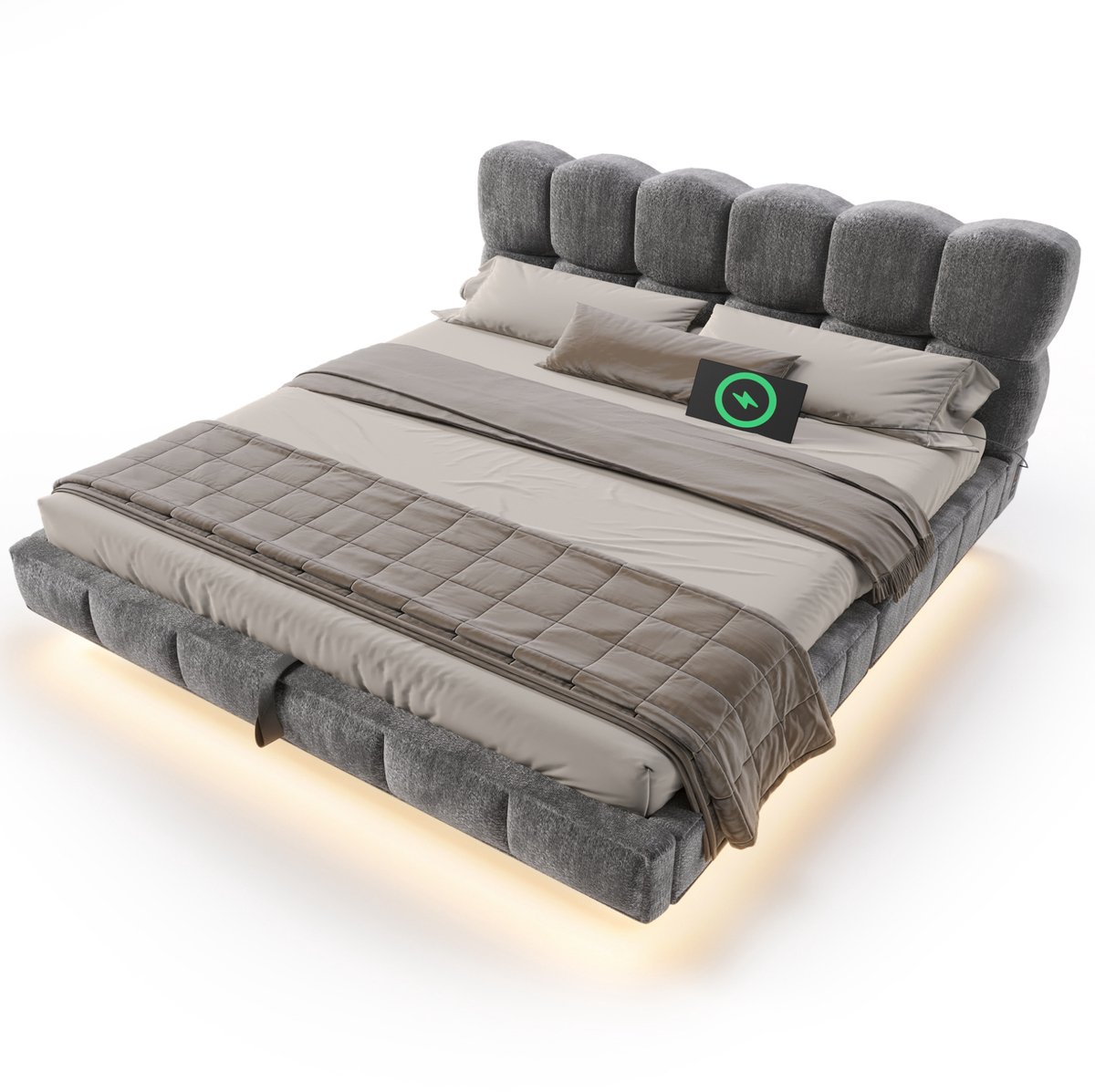 MODENUIT Bed – 140 x 190 cm – Hydraulische Opbergruimte En Ledverlichting – Chenille – Grijs – Usb-C