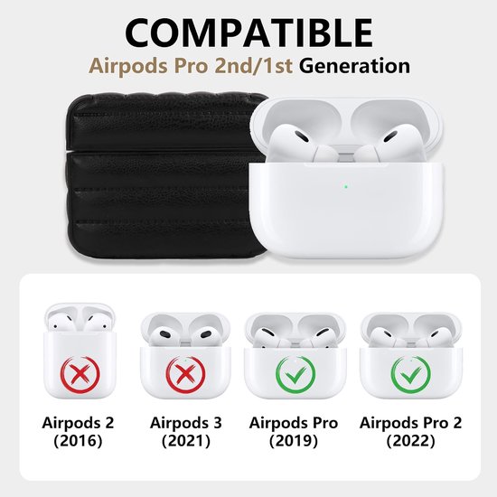 Beschermhoesje voor Airpods Pro 2, Compatibel met Airpods Pro 2e/1e Generatie (2023/2022/2019), Oordopjeshoes met Afneembare Draagriem, Harde Protective Case met Leren Strepen (Zwart) — afbeelding 2