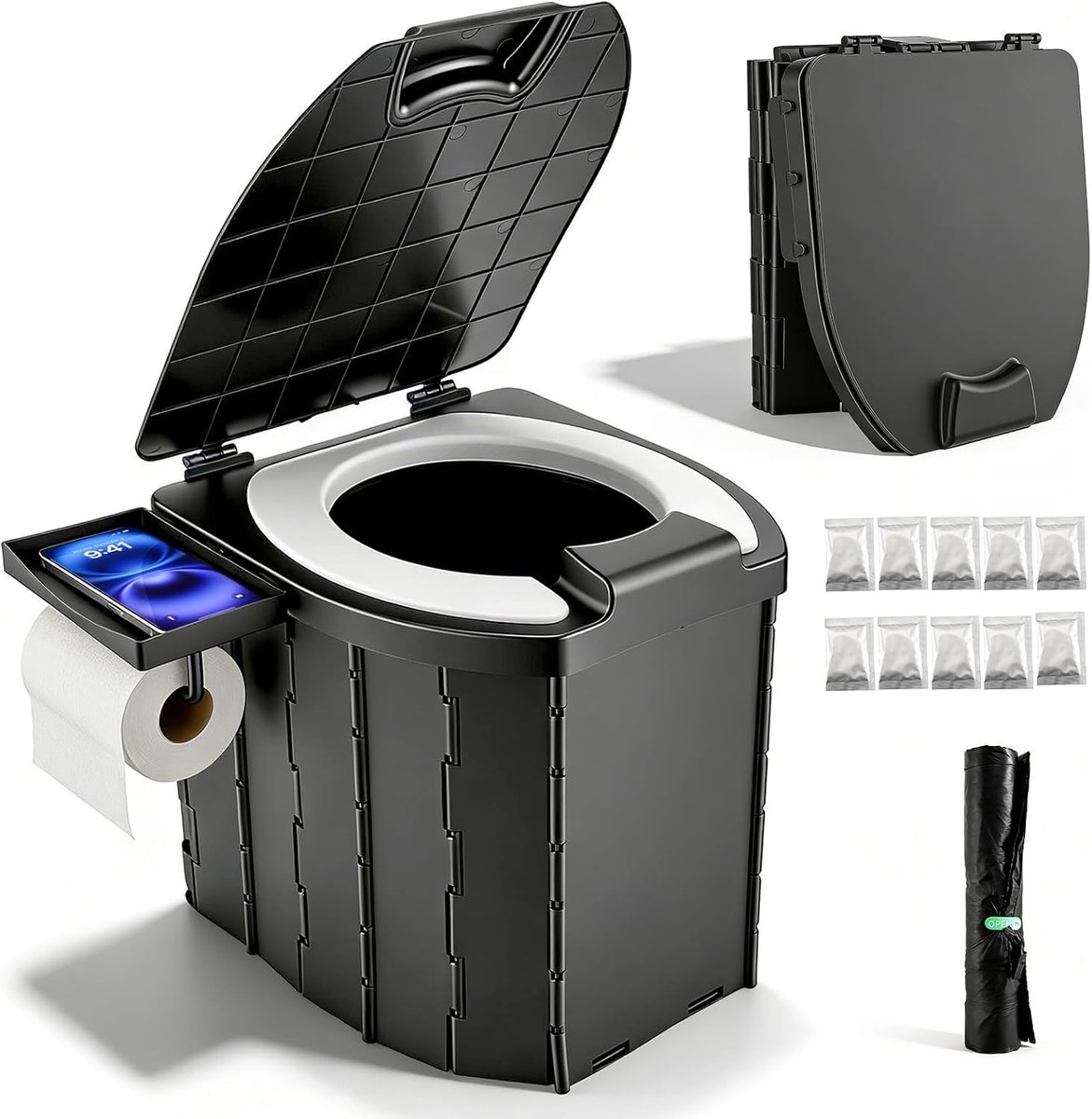 Campingtoilet met 42 cm zithoogte, campingtoilet voor volwassenen en kinderen, draagbaar campingtoilet, 200 kg belastbaarheid, 5 l campingaccessoireset met afvalzak voor outdoor, tuin