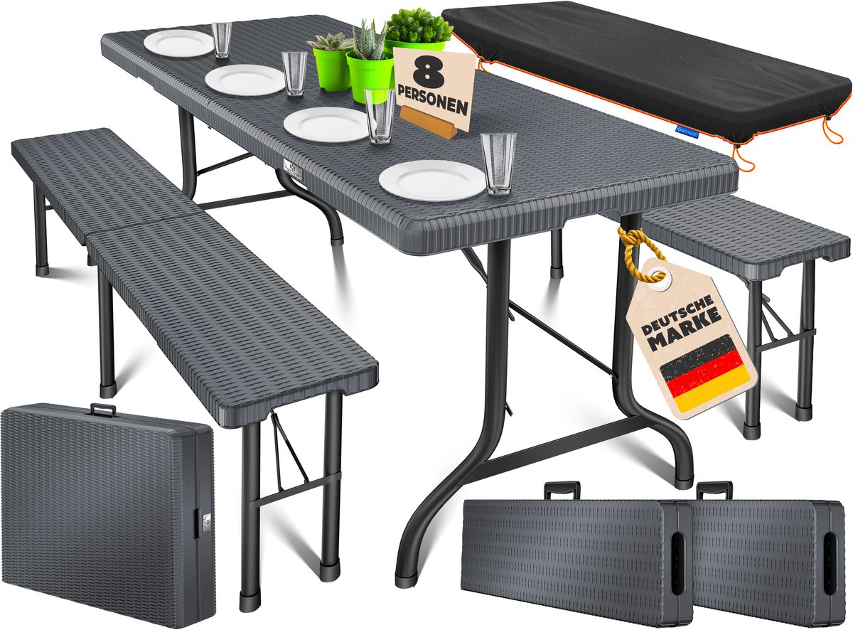 KESSER® Biertafelset 3-delig - klaptafel en 2 banken - 183x76x74 cm - tot 10 personen - antraciet rattan