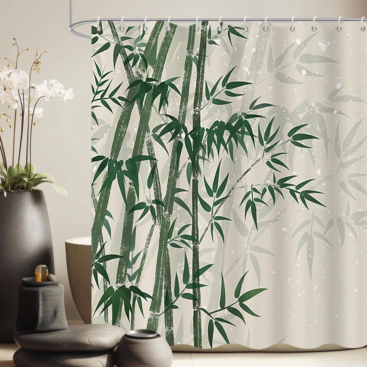 Douchegordijn, 180 x 200 cm, bosgroen bamboeblad, bos, rustiek, wilde natuur, plant, waterdichte stof, machinewasbaar, badkamergordijn met haken