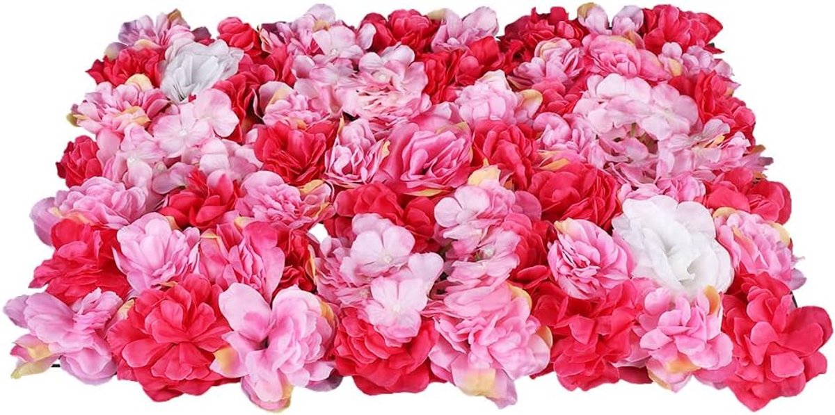 Kunstbloemenwandpanelen 60 x 40 cm, doe-het-zelf zijden bloemen, rozen+ hortensia + dahlia voor bruiloft, decoratie, party achtergrond (rood + roze + wit)