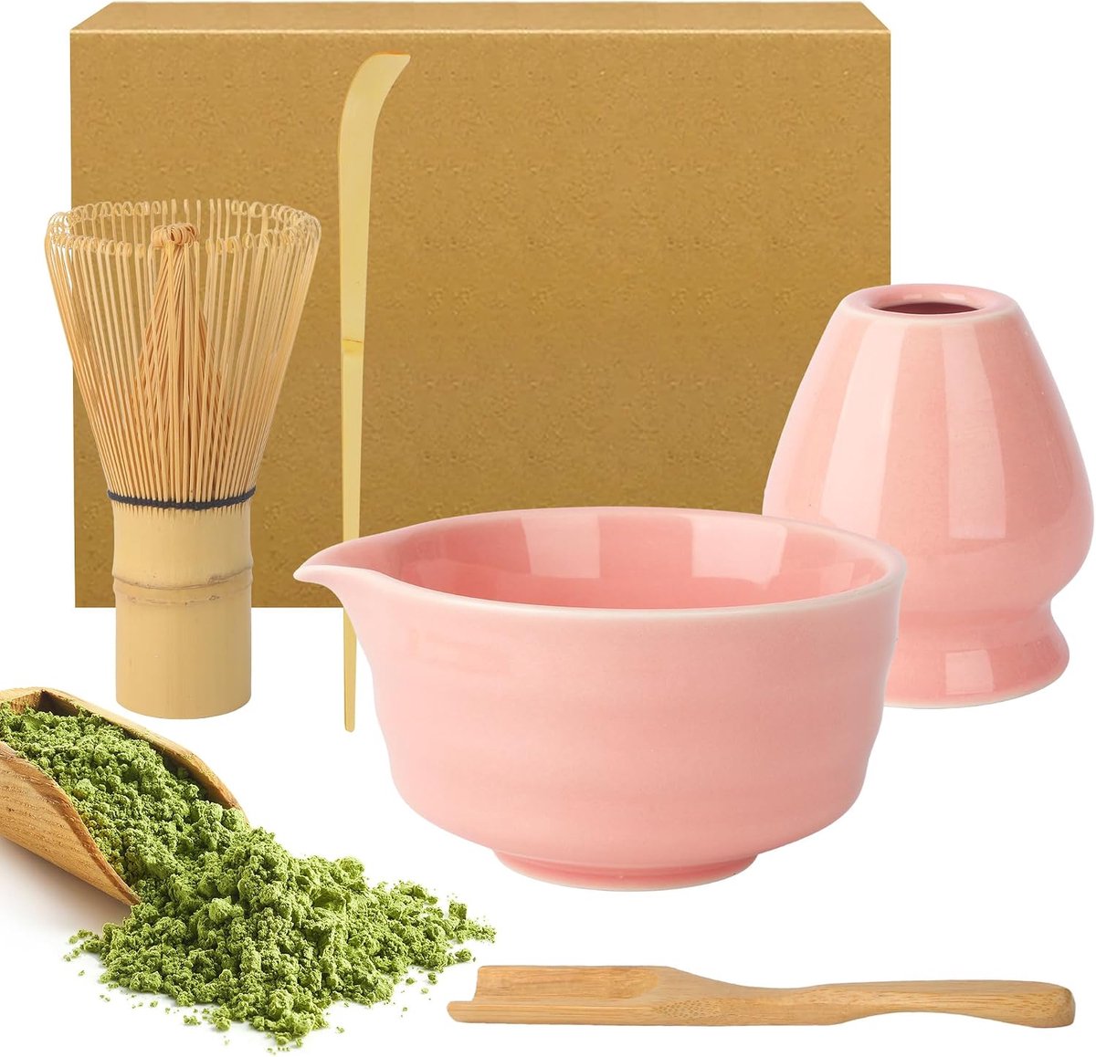 Set, Matcha Kom met Schenktuit, Keramische Gardehouder en Lepels, 5-delige Matcha Set Ontworpen voor Matcha-liefhebbers