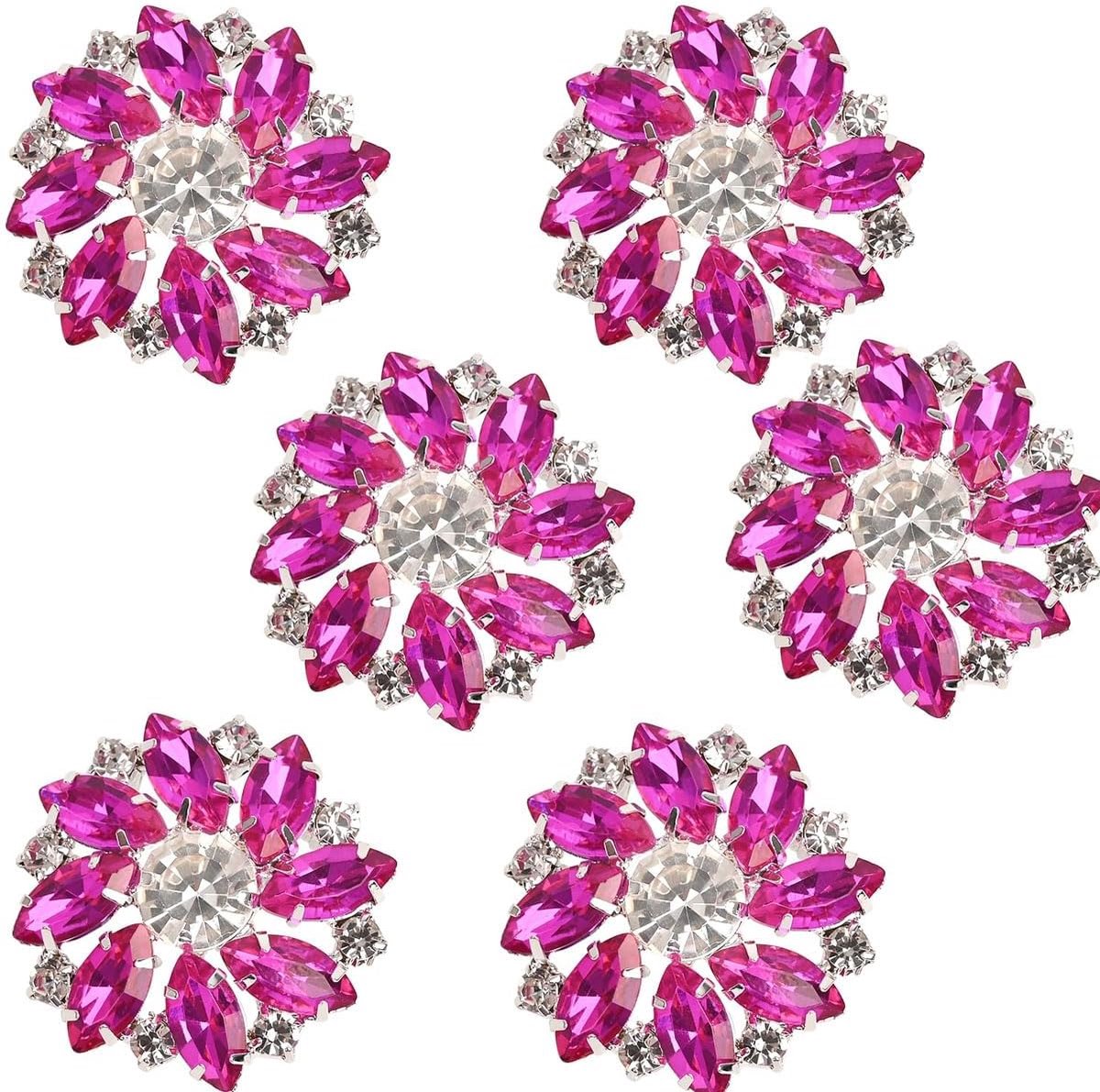 6 stuks roze strass bloemknoppen, kristal en legering materiaal, voor jurken, mantels, accessoires, doe-het-zelf knutselprojecten