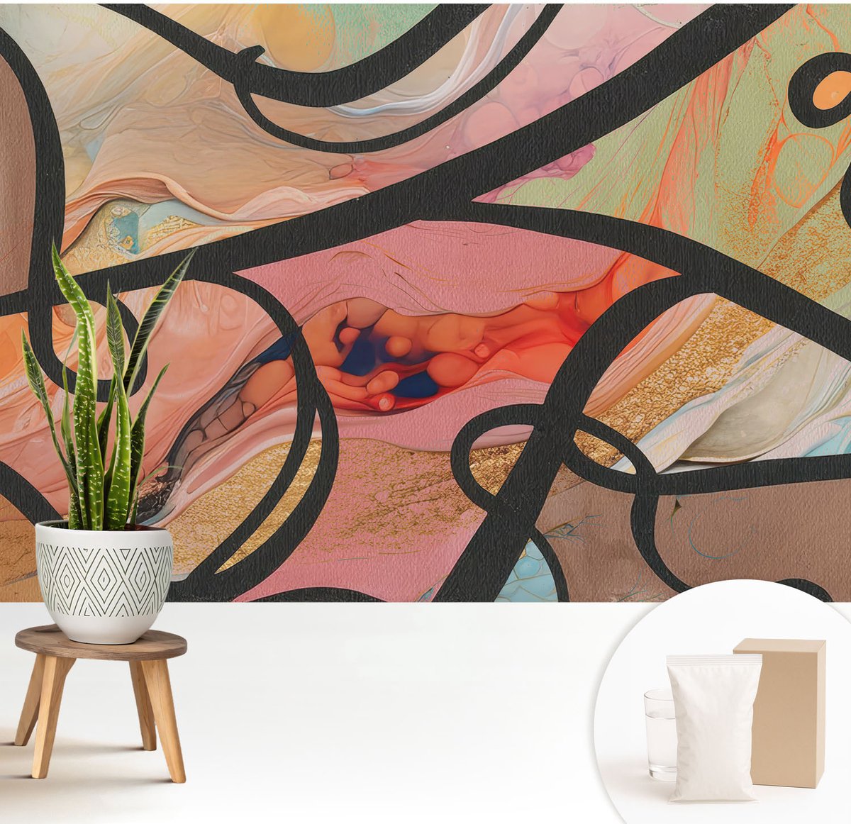 Wallfluent Fotobehang - Oranje Vliesbehang - 208x146 cm - Kleurrijke Beweging Fotobehang Vlies - Hal behang Abstractie - Muurschildering - Hal behang
