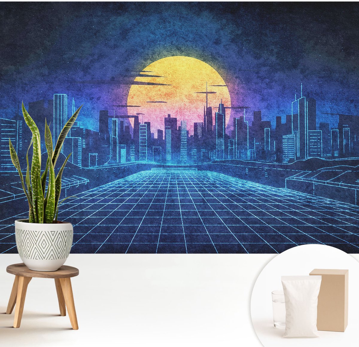 Wallfluent Fotobehang - Blauw Vliesbehang - 208x146 cm - Futuristisch Landschap Muurschildering - Slaapkamer behang Steden - Fotobehang Vlies - Gang behang