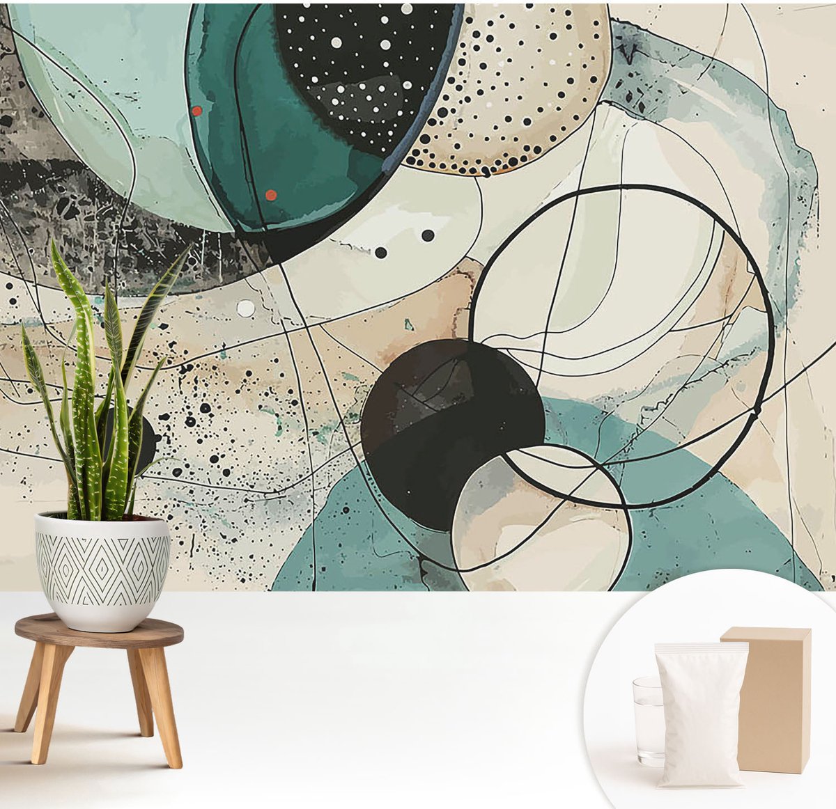 Wallfluent Fotobehang - Grijs Vliesbehang - 208x146 cm - Kleurrijke Cirkels Muurschildering - Gang behang Abstractie - Fotobehang Vlies - Gang behang