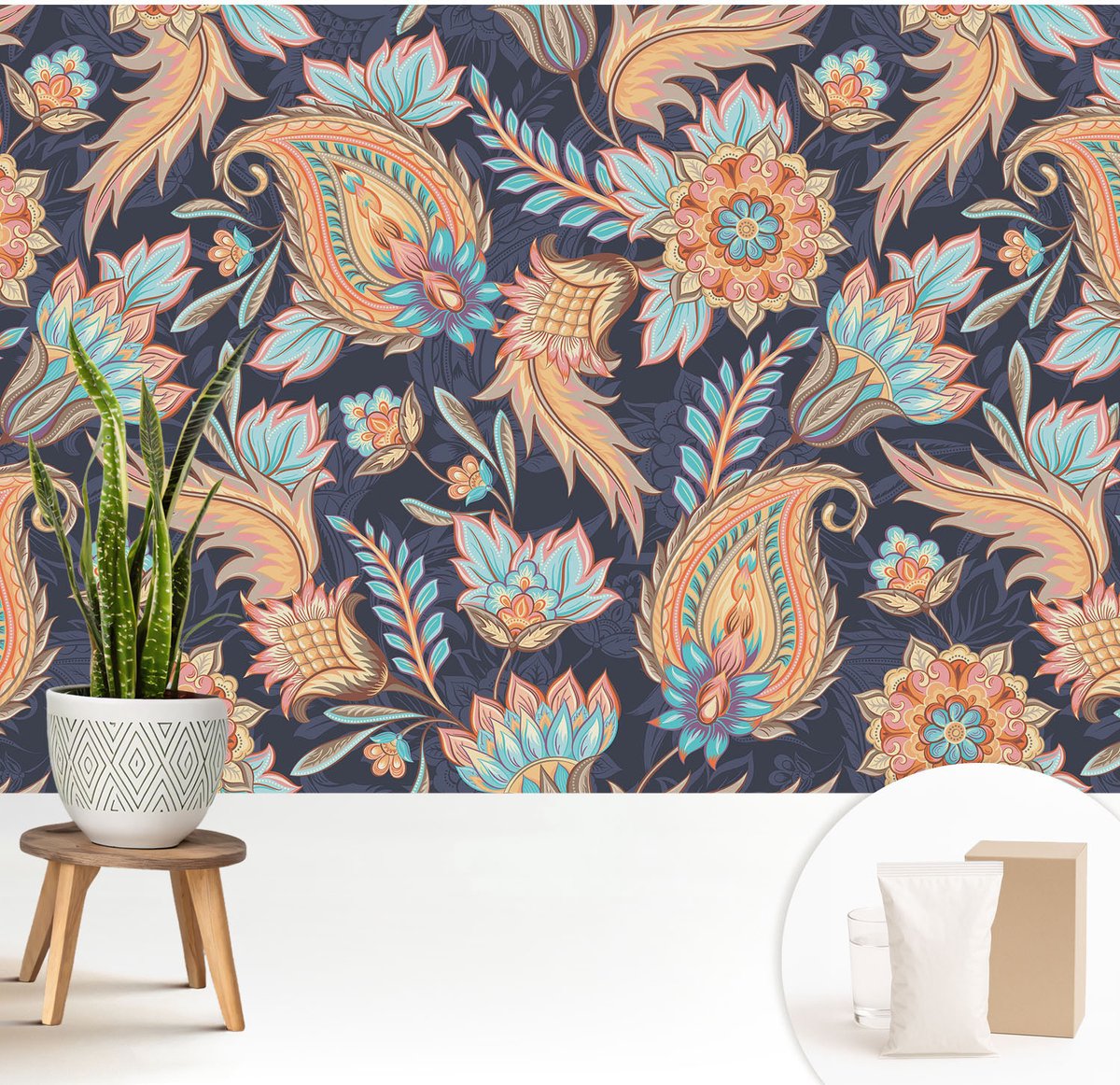 Wallfluent Fotobehang - Marine Vliesbehang - 208x146 cm - Bloemenpatroon Muurschildering - Slaapkamer behang Bloemen En Planten - Fotobehang Vlies - Slaapkamer behang