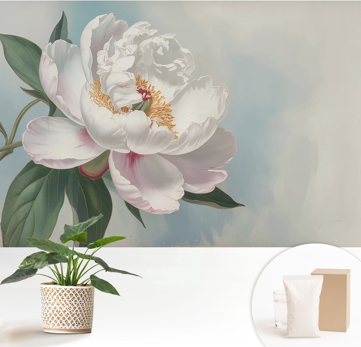 Wallfluent Fotobehang - Wit Vliesbehang - 152x104 cm - Prachtige Pioenroos Fotobehang Vlies - Woonkamer behang Bloemen En Planten - Muurschildering - Woonkamer behang