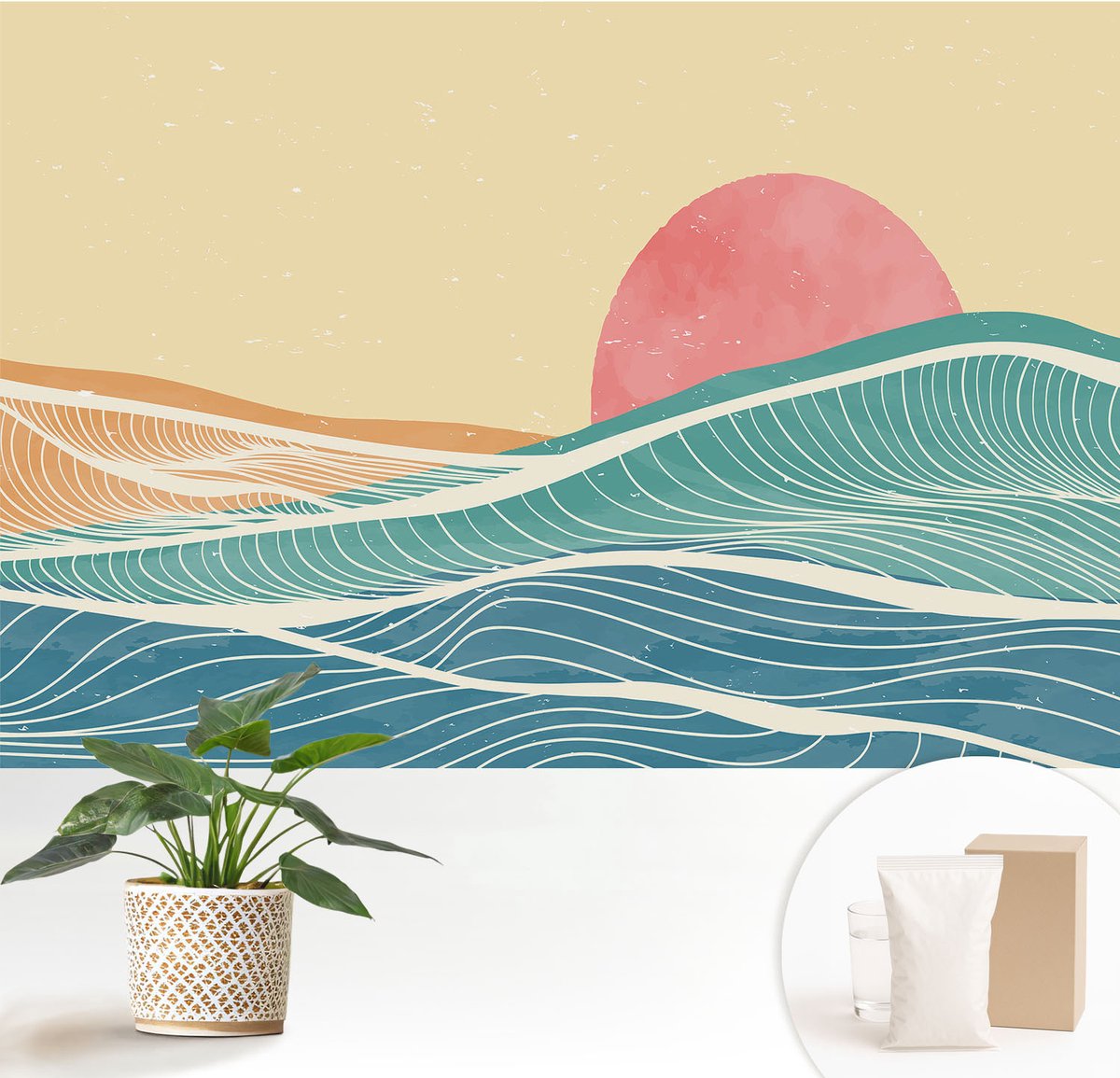 Wallfluent Fotobehang - Beige Vliesbehang - 152x104 cm - Zeegolven Muurschildering - Gang behang Landschappen - Fotobehang Vlies - Slaapkamer behang