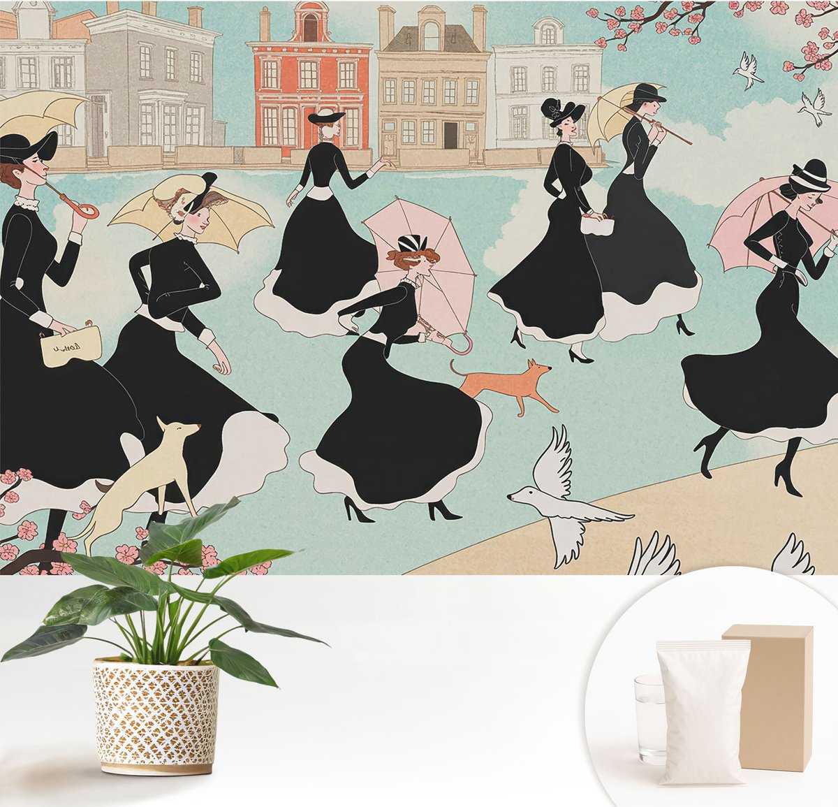 Wallfluent Fotobehang - Zwart Vliesbehang - 152x104 cm - Vrouwen Die Lopen Fotobehang Vlies - Woonkamer behang Mensen - Muurschildering - Hal behang