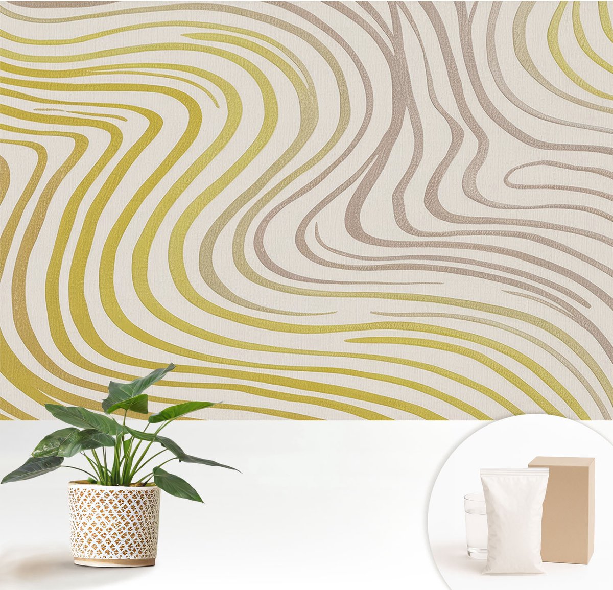 Wallfluent Fotobehang - Geel Vliesbehang - 152x104 cm - Vloeibare Elegantie Muurschildering - Slaapkamer behang Achtergronden En Patronen - Fotobehang Vlies - Slaapkamer behang
