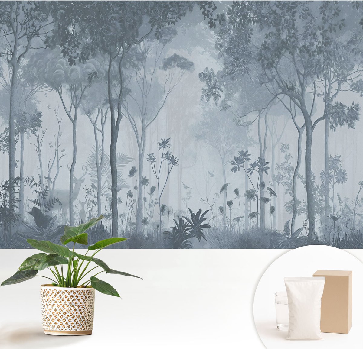 Wallfluent Fotobehang - Grijs Vliesbehang - 152x104 cm - Mystiek Van Het Bos Muurschildering - Gang behang Bloemen En Planten - Fotobehang Vlies - Slaapkamer behang